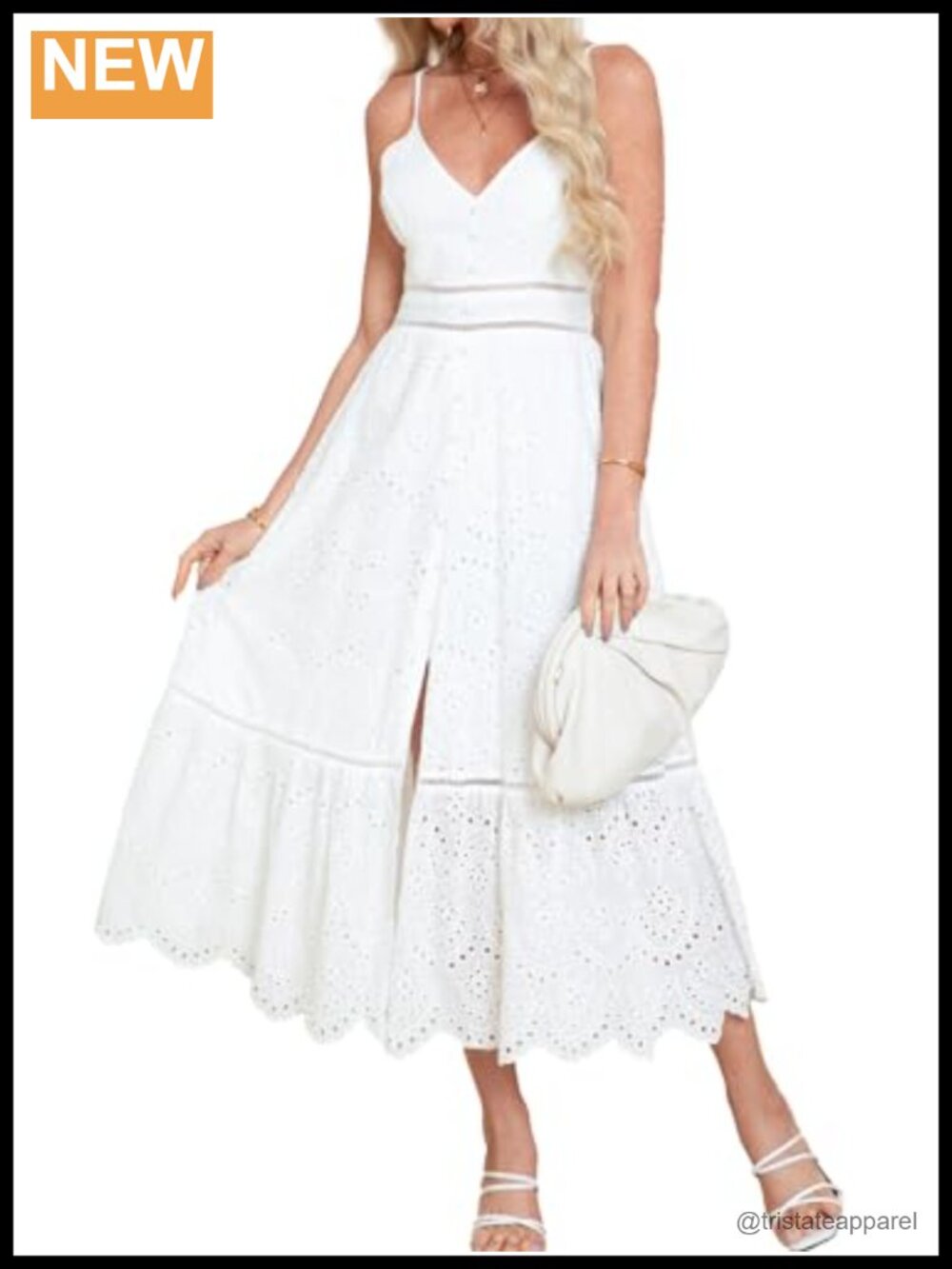 Embroidery Pearl Button Down V Neck Spaghetti Strap Maxi Dress